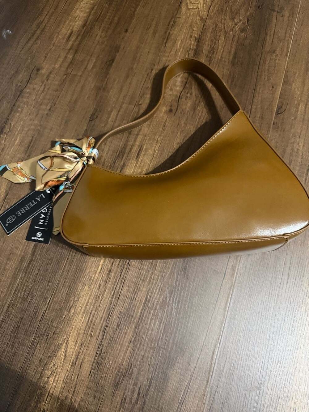 La Terre Brown Vegan Leather Shoulder Bag with Scarf Accent N2455